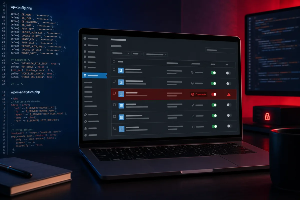 tableau de bord WordPress avec alerte plugin compromis et fichier wp-config surveillé