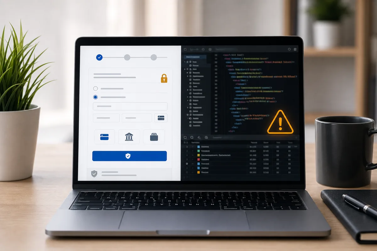 ordinateur affichant un checkout WooCommerce et une alerte de code suspect FunnelKit