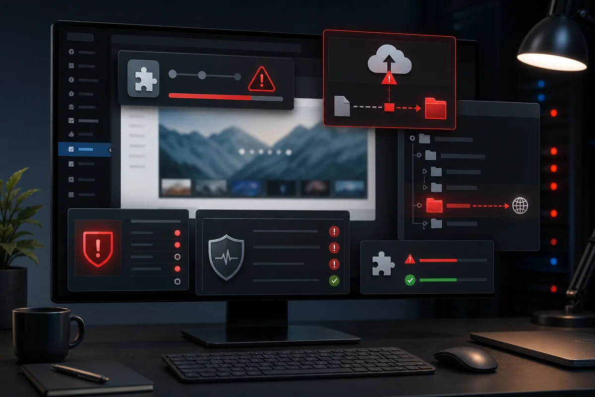 interface de sécurité WordPress avec alerte Slider Revolution 7 et upload de fichier surveillé