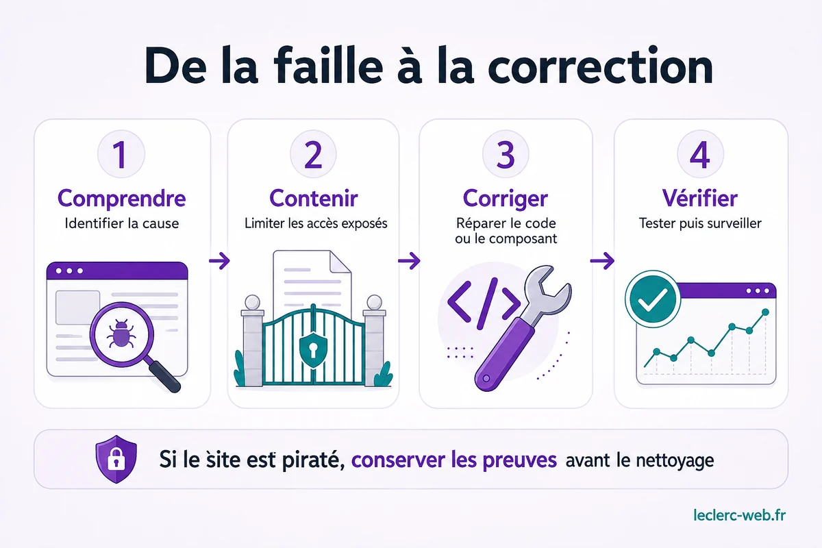 Quatre étapes pour traiter une faille de site web, comprendre, contenir, corriger puis vérifier