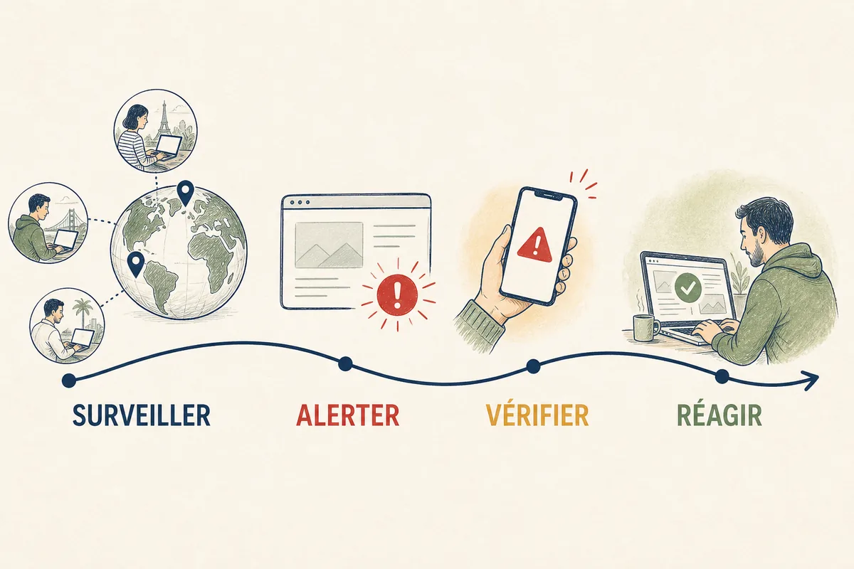 Cycle du monitoring de site web avec surveillance, alerte, vérification et réaction