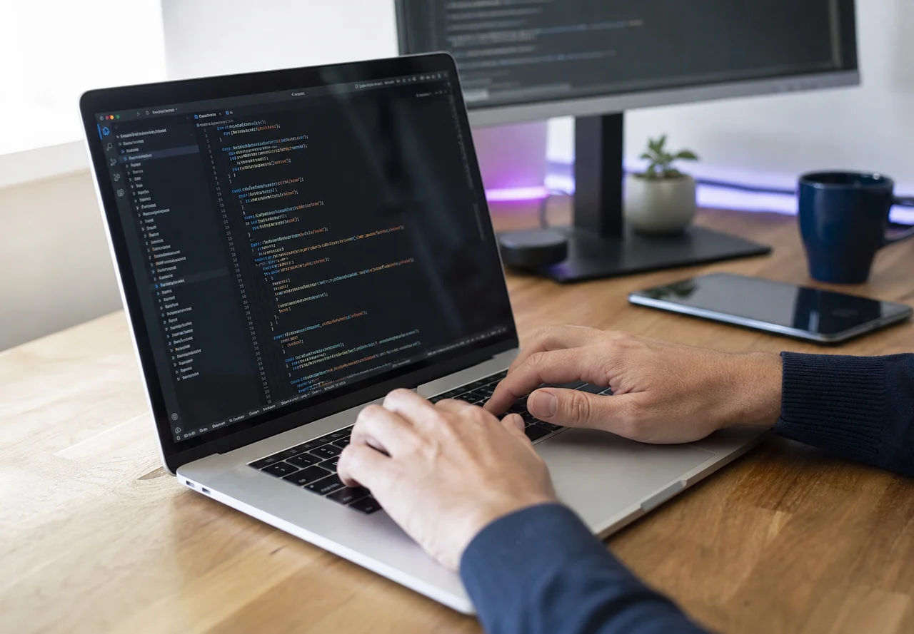Développeur examinant le code d’un site web sur son ordinateur pour corriger une faille de sécurité